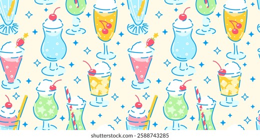 Seamless pattern with Cream soda trendy soft drinks. Hand drawn vector illustration. Background for poster, social media, banners, invitation. Cute cartoon style non alcohol floating cocktails.