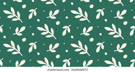 Padrão contínuo com ramos botânicos de cor creme e pontos em um fundo verde. Estilo minimalista de vetor plano. Perfeito para design de tecido, papéis de parede, embalagem e marca eco-friendly.