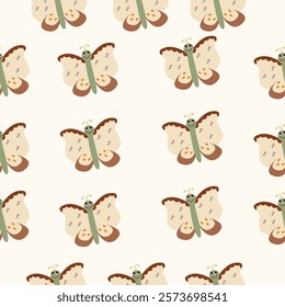 A seamless pattern of cream-colored butterflies with intricate wing designs and floral accents on a light beige background. The butterflies are illustrated with soft pastel tones