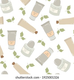 Seamless pattern with creame tubes and green leaves 
