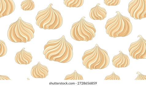 Seamless pattern of creamy beige meringue cookies with distinct swirls scattered across a clean white background in a flat style.