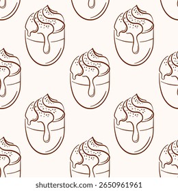 Seamless pattern with creamy dessert in cup drawn in line art style on beige background. Coffee mug wallpaper for bakery, cafe menu, packaging and sweet food design.