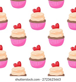 Patrón sin fisuras con cupcake cremoso glaseado con corazón rojo en estilo plano. Perfecto para el día de San Valentín, panadería, postre y celebración de fondo.