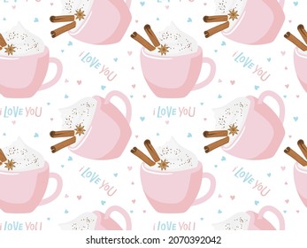 Seamless pattern with Creamy hot drink cup and i love you lettering. St. Valentine's Day design on hearts background in pastel colors. Flat vector isolated for textile, wrapping paper, wallpaper.