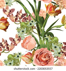 Seamless pattern with creamy orange flowers, oxypetalum, tulip, daffodil, orchids flower on a white background. Hand drawn sketch. Template for floral textile design, paper, wallpaper, web.