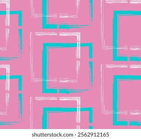 Patrón sin fisuras creado con pinceladas en un estilo grunge. Repitiendo Formas grunge cuadradas de color rosa, verde azulado y blanco. Perfecto para el diseño textil, tela, papel de embalaje, carteles, arte digital.