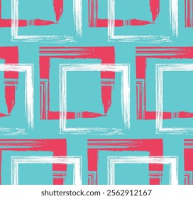 Patrón sin fisuras creado con pinceladas en un estilo grunge. Repitiendo Formas grunge cuadradas de color rosa, verde azulado y blanco. Perfecto para el diseño textil, tela, papel de embalaje, carteles, arte digital.