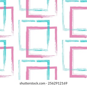 Patrón sin fisuras creado con pinceladas en un estilo grunge. Repitiendo Formas grunge cuadradas de color rosa, verde azulado y blanco. Perfecto para el diseño textil, tela, papel de embalaje, carteles, arte digital.