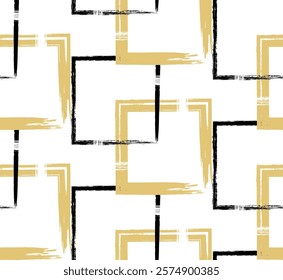 Seamless pattern created with brush strokes in a grunge style. Repeating gold, black and white color square grunge shapes. Perfect for textile design, fabric, wrapping paper, posters, digital art.