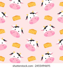 Seamless pattern created by Cute cow face pattern with pink lips and cheese for printing on various objects.