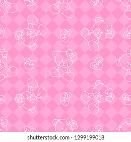 Seamless pattern created by doodle bears and heart set in pink background