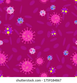 Seamless pattern created by several objects set to virus in vivid background