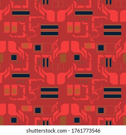 Seamless pattern created by several objects set to red circuit board
