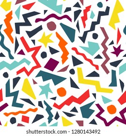 Seamless pattern created from colorful abstract cutouts. Perfect for wrapping paper, invitations, product packaging, stationery, print design ideas. Vector EPS 10