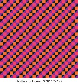 Seamless pattern created from diagonal rows of bright pink and orange squares, and black and pruple triangles