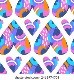 Seamless pattern created from geometric shapes, abstract spots, and textures hand-drawn. Bright neon hearts. Colorful background