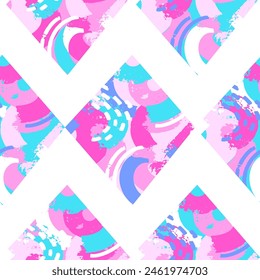 Seamless pattern created from geometric shapes, abstract spots, and textures hand-drawn. Bright neon rhombuses. Colorful background
