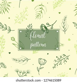 Seamless pattern created from hand sketched floral elements for textile, wrapping paper, package design. Eco, spring and summer theme. Vector illustration, background EPS 10