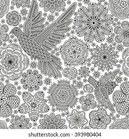 Seamless pattern with creative birds and flowers. Decorative dove and sparrow. Good for wrapping, coloring books, cards, etc. Black and white colors. Vector illustration.