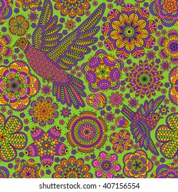 Seamless pattern with creative birds and flowers, decorative floral background, vector illustration