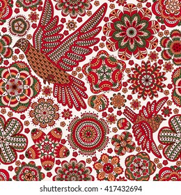 Seamless pattern with creative birds and flowers, decorative floral background, vector illustration