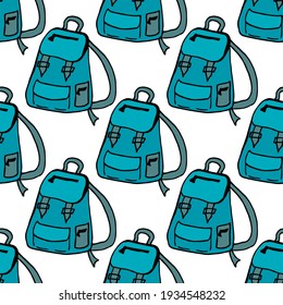 Seamless pattern with creative blue backpacks on white background. Doodle style. Vector image. 