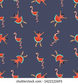 Seamless pattern with a creative character of the woman in  the dress looks like a watermelon the vector illustration on the dark . The repeatable decorative background for the summer watermelon day.