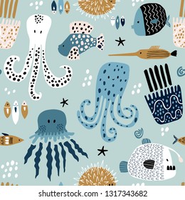 Seamless pattern with creative and colorful fishes, octopus, jellyfish, devil fish,fish hedgehog. Creative undersea childish texture. Great for fabric, textile Vector Illustration