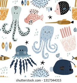 Seamless pattern with creative and colorful fishes, octopus, jellyfish, devil fish,fish hedgehog. Creative undersea childish texture. Great for fabric, textile Vector Illustration