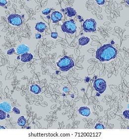 Seamless pattern, creative, contour. A bouquet of blue roses on a grey background, romantic pattern, Wallpaper,design,paintings,postcards, fabrics, textiles, textures
