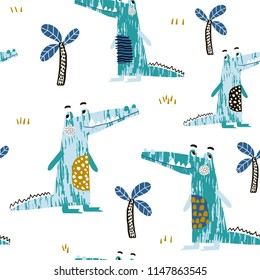 Seamless pattern with creative crocodile and palm trees. Perfect for kids apparel,fabric, textile, nursery decoration,wrapping paper.Vector Illustration