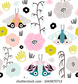Seamless pattern with creative decorative flowers and moths in scandinavian style. Great for fabric, textile. Vector background