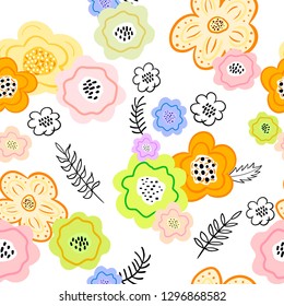 Seamless pattern with creative decorative flowers in scandinavian style. Great for fabric, textile. Vector illustration isolated on white background
