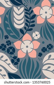 Seamless pattern with creative decorative flowers in scandinavian style. Nordic style. Great  for fabric, wrapping, textile, wallpaper, apparel. Vector background.