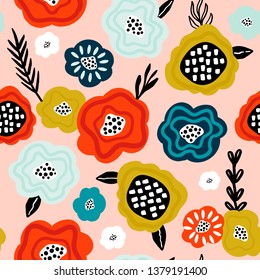 Seamless pattern with creative decorative flowers in scandinavian style. Great for fabric, textile. Vector background