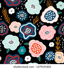 Seamless pattern with creative decorative flowers in scandinavian style. Great for fabric, textile. Vector background