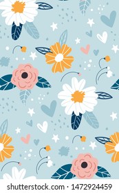 Seamless pattern with creative decorative flowers in scandinavian style. Great for fabric, textile.Printing with in hand drawn style light blue background. Seamless vector texture. For fashion prints.