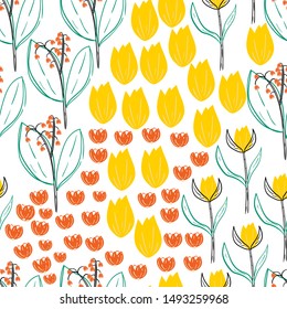 Seamless pattern with creative decorative flowers with leaves. Great for fabric, textile. Vector background