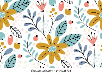 Seamless pattern with creative decorative flowers in scandinavian style.
Creative floral texture. Great for fabric, textile Vector Illustration