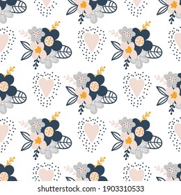 Seamless pattern with creative decorative flowers, buds and leaves in scandinavian style. Great for fabric, textile. Vector background in grey, blue and yellow colors