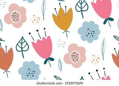 Seamless pattern with creative decorative flowers. Creative floral texture. Great for fabric, textile Vector Illustration. Hand drawn scandinavian style. Vector illustration for fashion textile print.