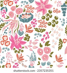 Seamless pattern with creative decorative flowers in scandinavian style. Using for print on the wall, pillows, decoration kids interior, baby wear and shirts, greeting card, vector and other.