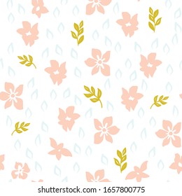 Seamless pattern with creative decorative hand drawn flowers and leaves in scandinavian style. Great for fabric, textile. Vector simple cartoon background
