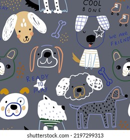 Seamless pattern with creative dog characters. Childish funny puppy texture. Vector illustration