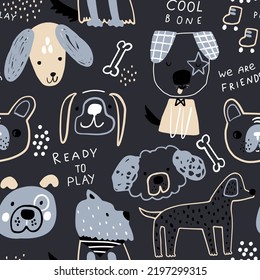 Seamless pattern with creative dog characters. Childish funny puppy texture. Vector illustration