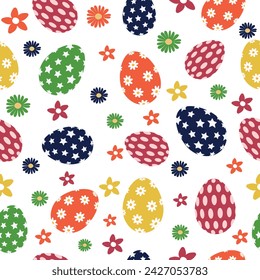 Seamless pattern with creative Easter eggs and flowers. Design of fabric, packaging. Vector.