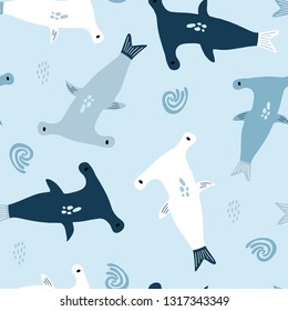 Seamless pattern with creative fish sword . Creative undersea childish texture. Great for fabric, textile Vector Illustration