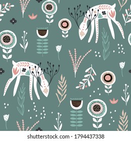 Seamless pattern with creative floral dears, branches, flowers. Creative woodland modern texture for fabric, wrapping, textile, wallpaper, apparel. Vector illustration