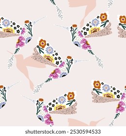 Seamless pattern with creative floral hummingbirds. Blossom texture. Vector illustration