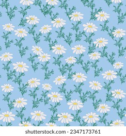 Seamless pattern Creative floral print with chamomile flowers, leaves in hand drawn style on a blue-turquoise background. Spring summer template for design